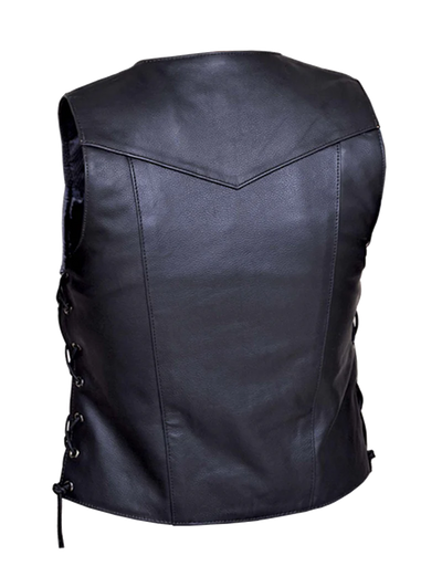 This lightweight cowhide black leather ladies' vest has a v-neck and snap front closure. It has side laces and a solid panel back, 4 front exterior pockets and 6 inside pockets including a concealed carry pocket on each side.  Available for purchase in our shop in Smyrna, TN, just outside Nashville.  Available in sizes small through 5xl.