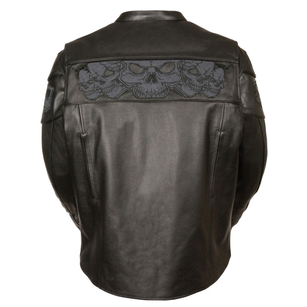 The "Appollo" is a soft but heavy cowhide black leather motorcycle riding jacket has band of Reflective Skulls around the upper torso. It comes in sizes small through 5x and is available for purchase in our shop in Smyrna, TN, just outside Nashville. It has multiple zippered pockets and vents and a zip out liner.  It has a tab collar and zippered front.  It also has snaps and zippers at wrists. Check out our matching Gloves.