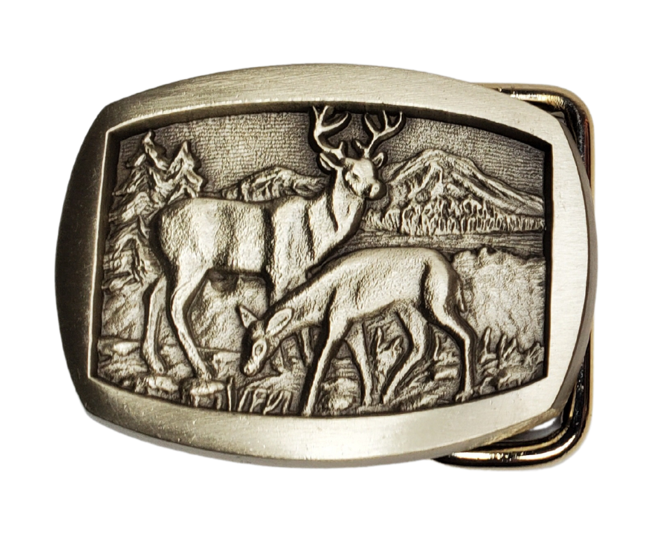Rectangle shaped antique Bronze belt buckle with  Buck and Doe deer.  Available online and at our shop just outside Nashville in Smyrna, TN.   Made in USA CAST Solid Bronze for 1" or 1 1/4"" belts. Genuine apparel for men and women SIZE 2.5" x 2.5". Newly manufactured belt buckle using 1970's-1980's molds.