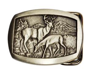 Rectangle shaped antique Bronze belt buckle with  Buck and Doe deer.  Available online and at our shop just outside Nashville in Smyrna, TN.   Made in USA CAST Solid Bronze for 1" or 1 1/4"" belts. Genuine apparel for men and women SIZE 2.5" x 2.5". Newly manufactured belt buckle using 1970's-1980's molds.