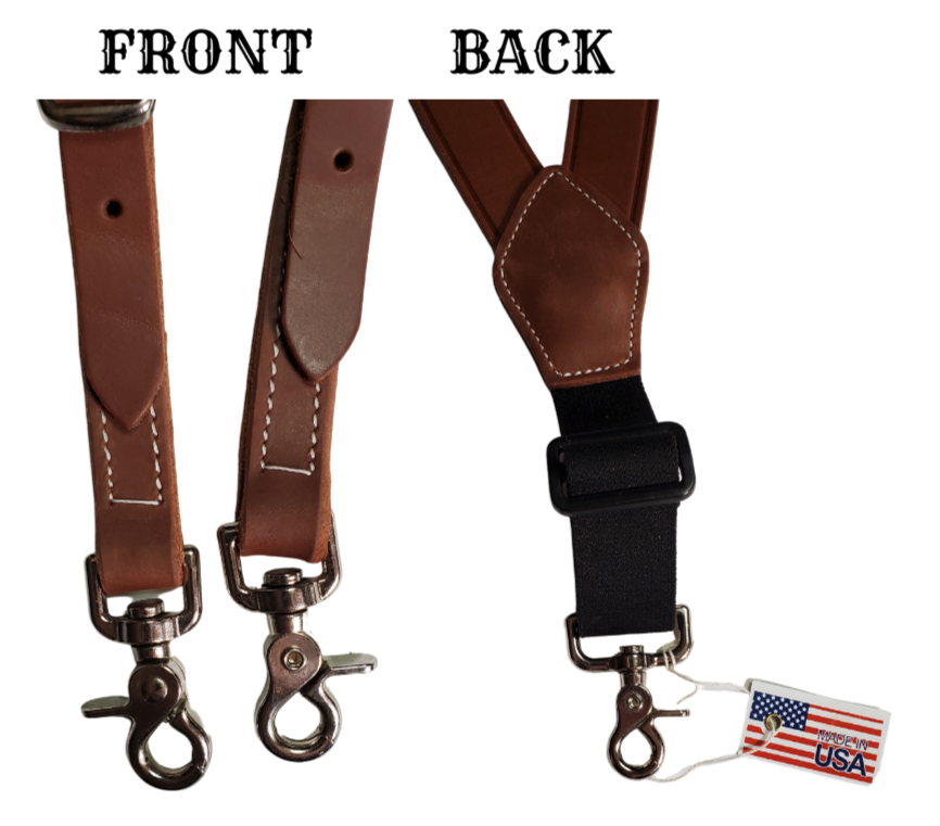 Our USA-made by 3D. Leather suspenders are the perfectly stylish accessory for your wardrobe. The main leather straps are 1 3/8" and taper to 3/4". Buckle adjustment and elastic back and scissor style clips for easy attachment to pants. Stocked in our Smyrna, TN store 20 miles from Nashville. 