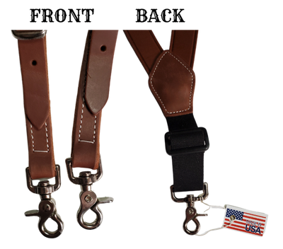 Our USA-made by 3D. Leather suspenders are the perfectly stylish accessory for your wardrobe. The main leather straps are 1 3/8" and taper to 3/4". Buckle adjustment and elastic back and scissor style clips for easy attachment to pants. Stocked in our Smyrna, TN store 20 miles from Nashville. 