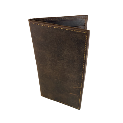 Distressed Brown Leather wallet with seven card slots, one ID slot, zipper pouch, and checkbook pocket. Sold online and at our shop in Smyrna, TN. 
