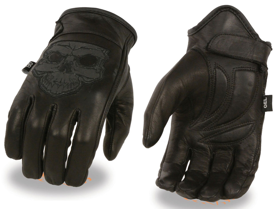 Leather motorcycle Premium Cowhide Leather riding gloves with reflective skull pictured on back of hand making it great for night riding. They are available in Unisex sizing XS-5X and have a thermal lining and velcro wrist closure. They are available in our shop just outside Nashville in Smyrna, TN.