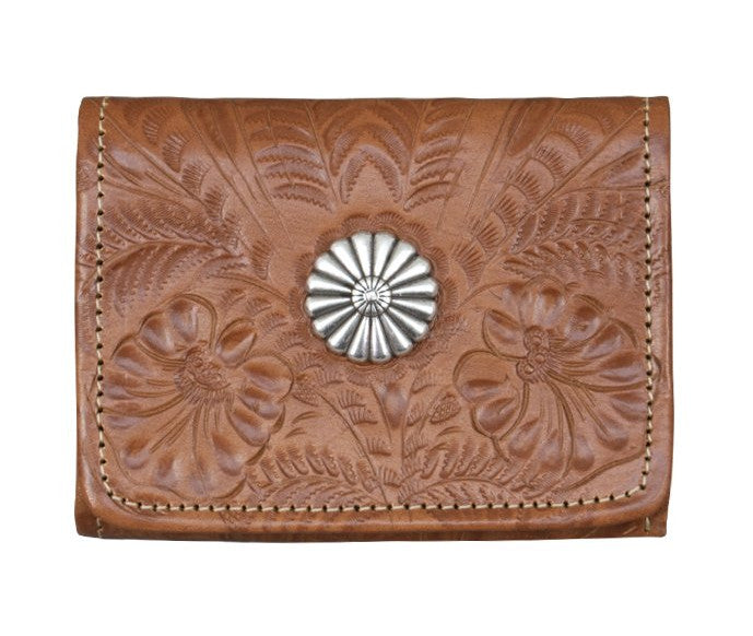 Full grain leather tri-fold wallet is 5 x 3.75". Hand-stained in a Tan, hand-tooled in western floral pattern, and accented with rosette medallion in center. Outside includes spring snap closure and back zipper coin pocket. Interior contains 8 card slots, 5 misc. card sized compartments, clear ID slot, and 2 cash compartments. Pockets are divided with cotton linen, allowing for a lighter weight wallet. Product made in Paraguay by American West.