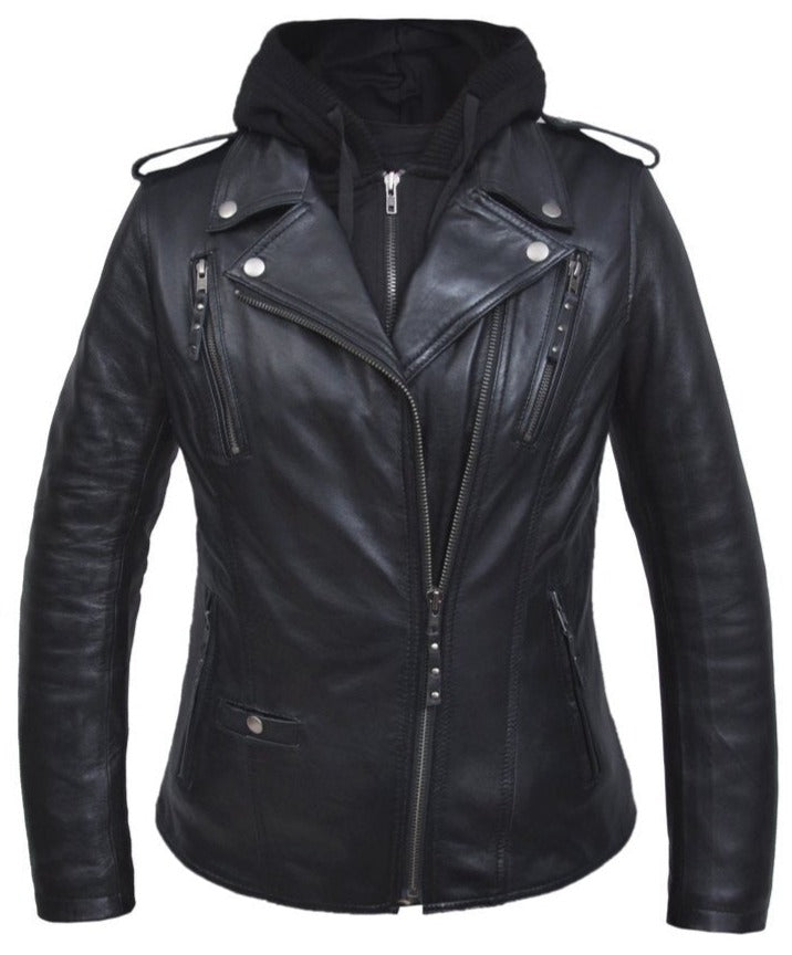 Ladies Black Leather Jacket with Hoodie