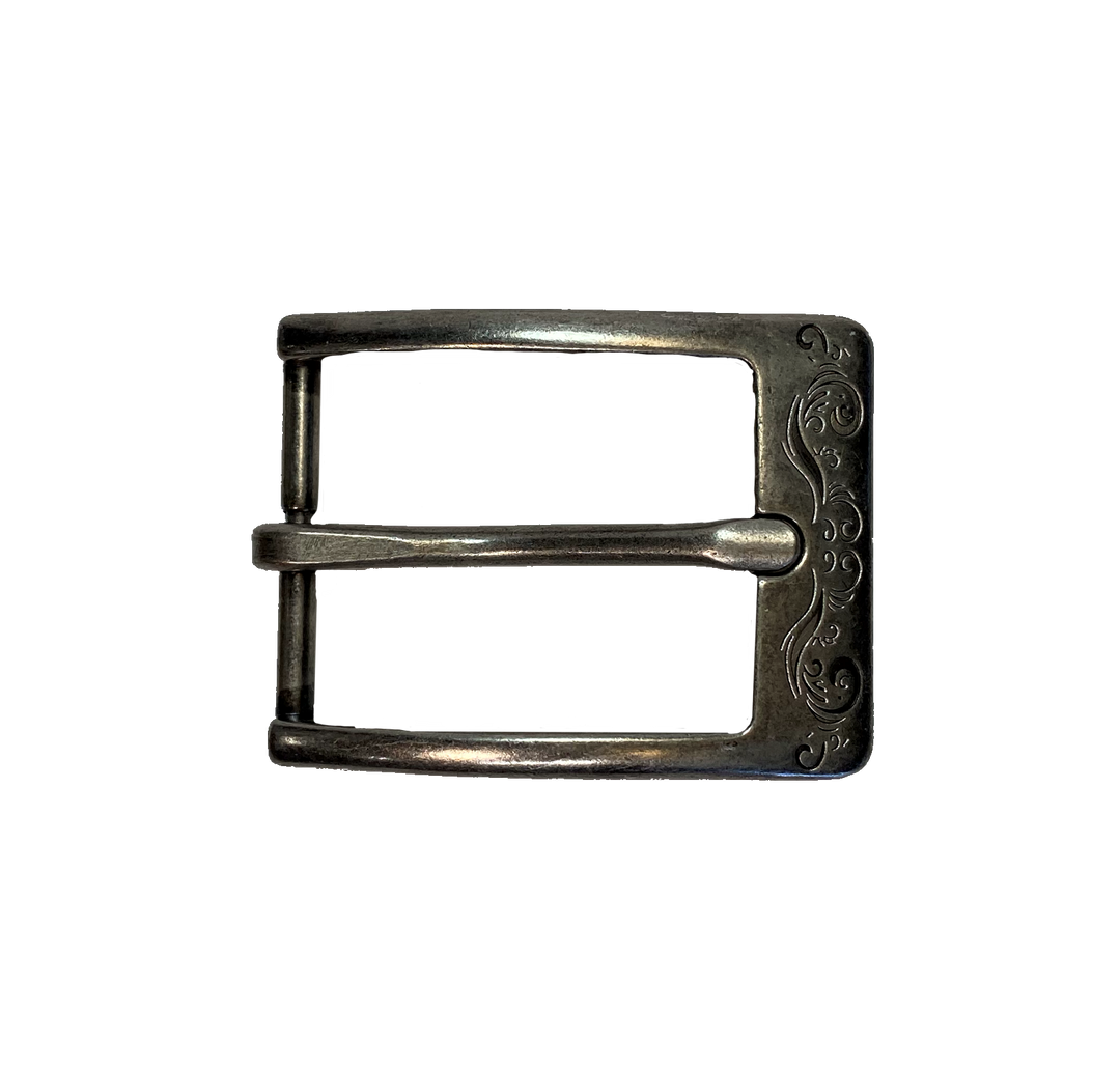 Central City Western 1 1/4 inch buckle-Ornate Antique Silver look without the bigger buckle look feel. Fits any of our snapped 1 1/4" belts. Available online and in the store in Smyrna, TN.