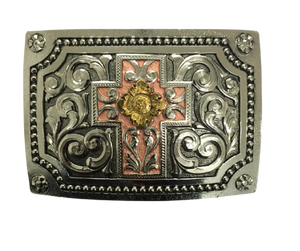 The perfect blend of a Cross with Western Scrolls and accents. This buckle is manufactured using the casting technique and made of Zamak an alloy of zinc, aluminum, magnesium and copper. The mold of each buckle is designed and finished by hand. Each piece is covered with a heat sealed lacquer to ensure the piece's long lasting qualities. Buckle size is Width 4” Height 3” and is made in Mexico. 