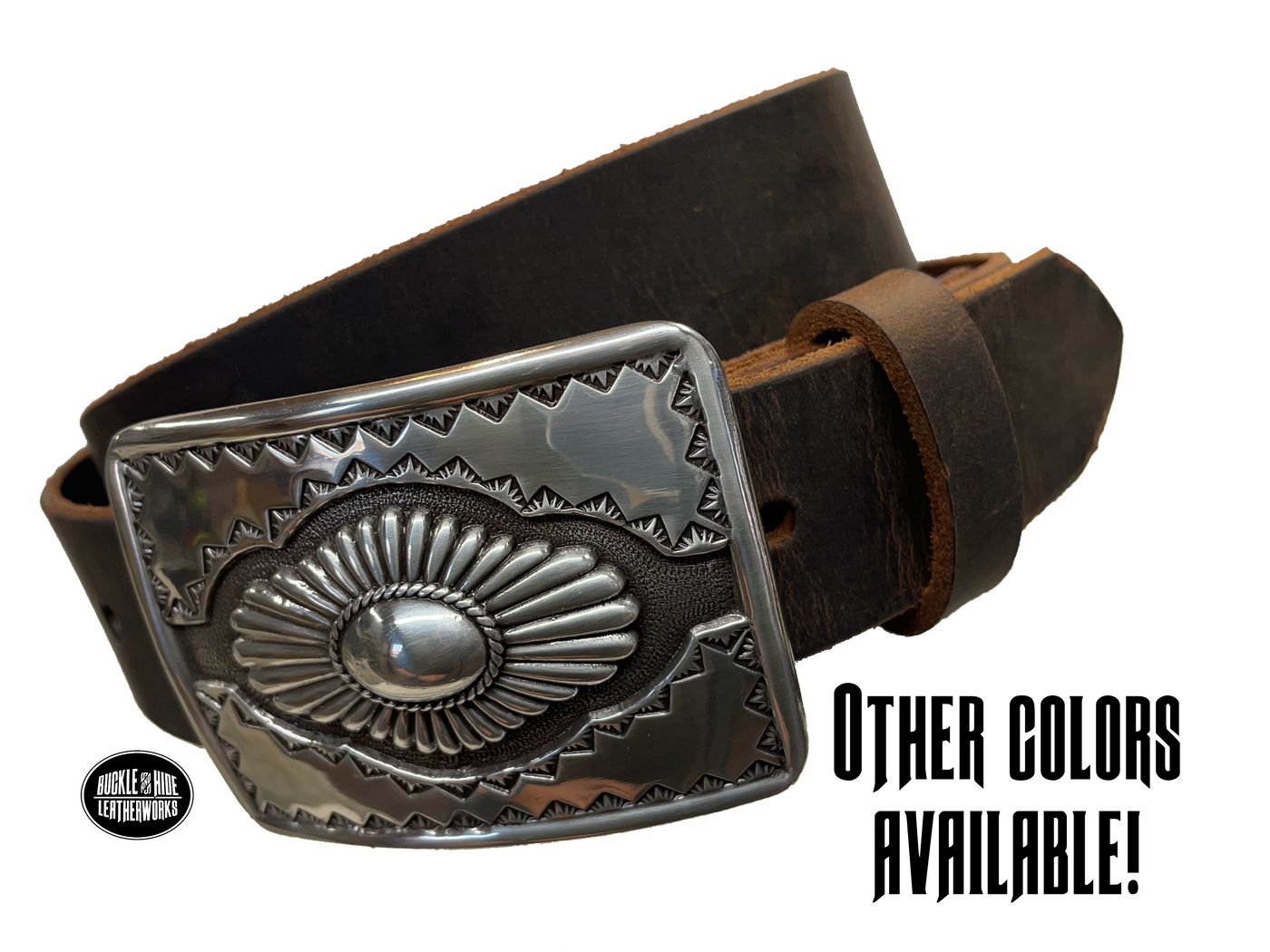 "The Cody" is a Western style belt buckle that will add a classic western look to your belt. ﻿CHOOSE ONE BELT STRIP COLOR! ﻿The belt is made from a single strip of leather in our shop in Smyrna, TN, just outside Nashville. The buckle is imported. ﻿Available in our retail and online shops. Main photo.