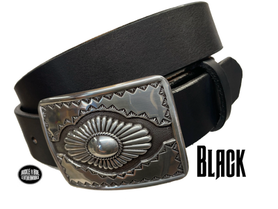 "The Cody" is a Western style belt buckle that will add a classic western look to your belt. ﻿CHOOSE ONE BELT STRIP COLOR! ﻿The belt is made from a single strip of leather in our shop in Smyrna, TN, just outside Nashville. The buckle is imported. ﻿Available in our retail and online shops. Black.