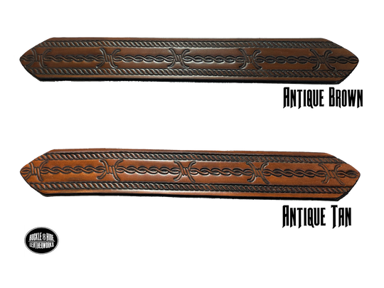 Barb Wire a western-inspired twist to any look. Made from premium veg-tan cowhide and featuring a barb wire icon design, the "Riding Fence" Name Leather Belt is the perfect way to add a touch of rustic  to your wardrobe. Hailing from our Smyrna, TN shop just outside of Nashville, TN, this belt also features an easy-to-swap buckle, so you can keep your style fresh.