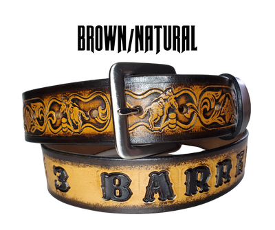 "The Barrel Racer" is a handmade real leather belt made from a single strip of cowhide shoulder leather that is 8-10 oz. or approx. 1/8" thick. It has hand burnished (smoothed) edges and a western influenced Rodeo events pattern. This belt is completely HAND dyed with a multi step finishing technic. The antique nickel plated solid brass buckle is snapped in place with heavy snaps.  This belt is made just outside Nashville in Smyrna, TN.