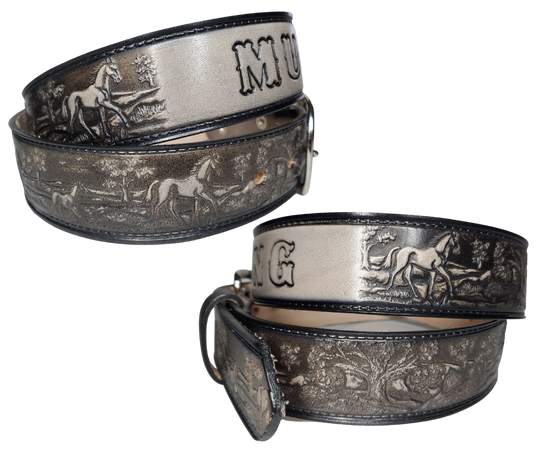 The Wild Horses leather belt is a 3 Horses Pattern in a Two Tone Black color. Perfect the Horse lover in your family. Available in a 1 1/2" width. Full grain vegetable tanned cowhide, Width 1 1/2" and includes Nickle plated  buckle Smooth burnished painted edges. Made in USA! For name Type name desired on belt in "Type Name Here" section, no more than 8 LETTERS maximum on this PARTICULAR belt. Buckle snaps in place for easy changing if desired. In stock at our Smyrna, TN shop.