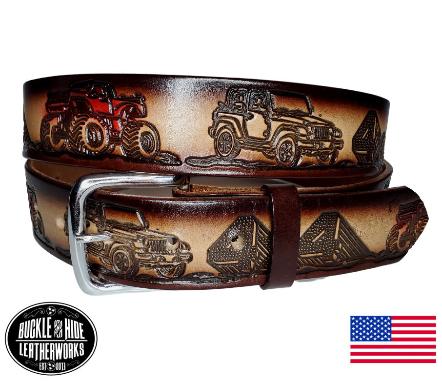 This USA made veg-tan leather belt is approx. 1/8" thick, 1 1/2"width with no fillers to split or rip apart. The belt features 4 wheel drive trucks, a well known BRAND of 4 wheel drive we cannot name along with 4x4 around the entire belt. The leather is comfortable from day one   Buckle is snapped on for easy buckle change. Colors may vary do to the manufacturing process. We don't make this belt but it's Buckle and Hide approved and still made in the USA. There is not a NAME option on this belt.