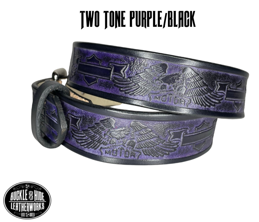Easy Rider Deluxe is the same as our Easy Rider Brown but with COLOR added for your group or club, These do cost more because of the process and time for adding the colors. Two Tone Purple/Black. Made in our shop in Smyrna, TN, just outside of Nashville.
