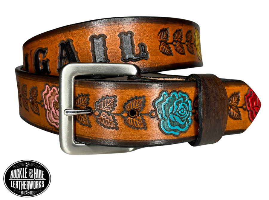 Awesome Hand Embossed & Painted Heavy Leather Belt Brass Buckle