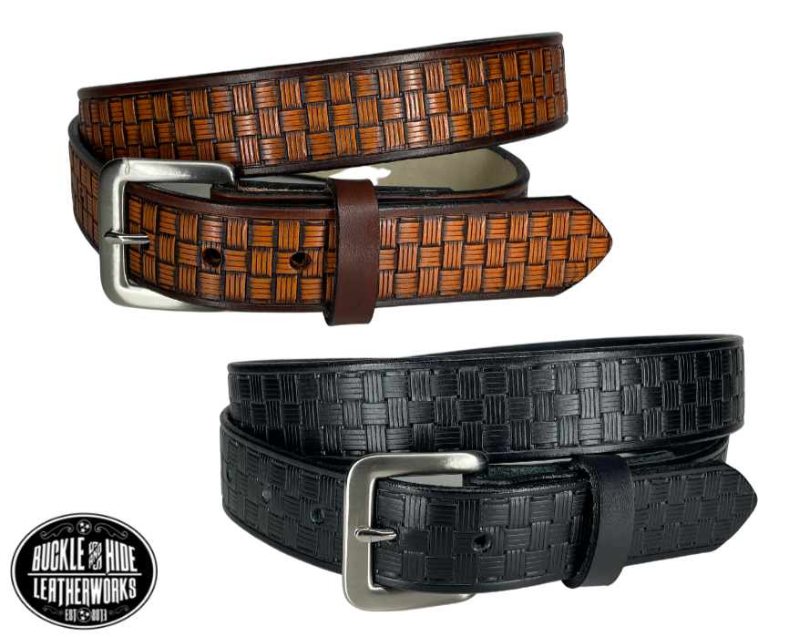 The Franklin handmade all leather belt is made from a single strip of Veg-Tan cowhide that is a hand finished Veg-tan that is 9-10 oz., or approx. 1/8" thick.  The width is 1 1/4".  It has an embossed design that is never out of style!  The antique nickel plated solid brass buckle is snapped in place. This belt is made just outside Nashville in Smyrna, TN. Perfect for casual and dress wear, it can be for personal use or for groomsman gifts or other gift.