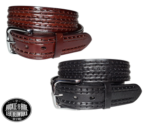 Use it for casual or dress. This belt is hand laced in three rows, one down the middle and one on each side down side. This is a Veg-Tan leather, same thickness, we just don't make them, but still Buckle and Hide approved. Complete with snaps to change the buckle if needed.  Made in Mexico. Available in our shop just outside Nashville in Smyrna, TN as well as online. 