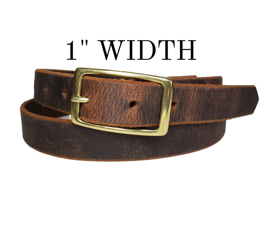 Our ladies 1" wide Distressed Brown buffalo water leather belt with snaps to easily change out buckle. Features a smoothed black burnished and a Solid Brass or Antique Nickle plate over Brass buckle. This belt has a softer feel than some of our Name style belts but still durable. Available online or for purchase at our shop just outside Nashville in Smyrna, TN.  We create each belt to have 7 holes at 1 inch apart. Your chosen size will be the center hole.