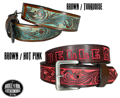 "The Belle Rustler" is a handmade real leather belt made from a single strip of cowhide shoulder leather that is 8-10 oz. or approx. 1/8" thick. It has hand burnished (smoothed) edges and Classic tooled western style flowers embossed and hand colored to look like rustic Brown and Turquoise . The antique nickel plated solid brass buckle is snapped in place with heavy snaps.  This belt is made just outside Nashville in Smyrna, TN. 