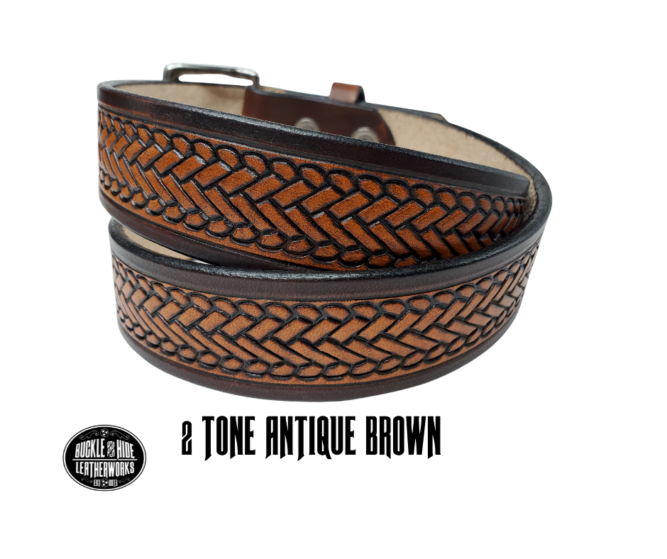 The West End handmade all leather belt is made from a single strip of Veg-Tan cowhide that is a hand finished Veg-tan that is 9-10 oz., or approx. 1/8" thick.   width 1 1/2".  It has an embossed design that is never out of style!  The antique nickel plated solid brass buckle is snapped in place. This belt is made just outside Nashville in Smyrna, TN. Perfect for casual and dress wear, it can be for personal use or for groomsman gifts or other gifts as well. 
