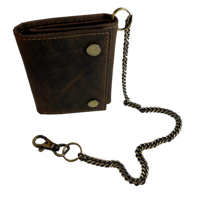 Popular Distressed brown Tri-fold Chain Wallet. 2 cash slots, 4 card slots, I.D. slot, zippered pocket for all your stash. Will darken with a nice patina with use. It's imported but it's Buckle and Hide approved. standard tri-fold size.