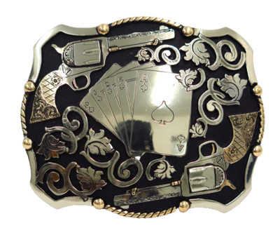 The Card Shark buckle features a Dead Man's Hand accented by Western scroll work and Peacemakers. Augus buckles are made from German Silver (nickel and brass alloy) or iron metal base. Some buckles have motifs made of copper, iron or brass. Each piece is punched, cut, soldered, engraved, polished and painted by our talented metal workers. Available at our Smyrna, TN location.