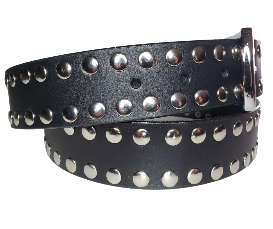 Hit the stage or a night on the town with this Studded Leather belt. The studs are placed about 1" apart the entire length of the belt. Looks great with your favorite jeans and your vintage "Poison" T-shirt and your favorite boots. The width is 1 1/2" wide with snaps for easy buckle change.  Sold in our Smyrna, TN store. Imported - Sized M thru 2X