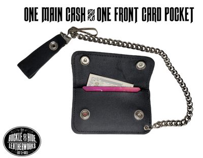 For the minimalist Rider. The most compact chain wallet we offer. Just enough room for some folded up cash a couple cards. Nothing to bog you down. Made in USA 2 pockets for some cash or cards Complete with 12" chain Approximate size 3" x 4" Made in USA