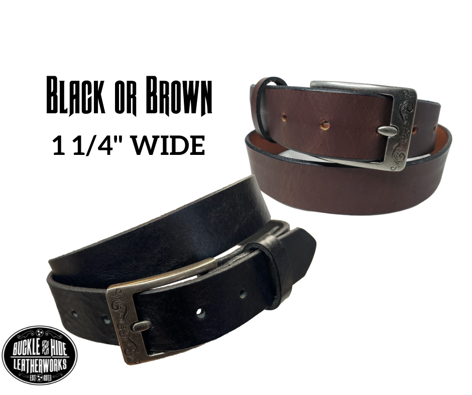 "The Central City" handmade, real leather belt is made in our Smyrna, TN shop just outside Nashville.  The process starts with cowhide, which is cut into strips. The removable antique silver colored buckle is attached with snaps, you may add your own or purchase a theme buckle to personalize the look.  Please see sizing instructions to make sure you have the desired fit. 
