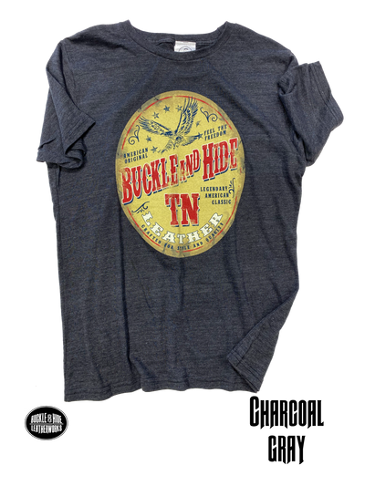 Gray soft cotton T-shirt with "Classic Oval Label" Buckle and Hide graphic. Available in Gray and Charcoal Gray. Available in our shop just outside Nashville in Smyrna, TN.