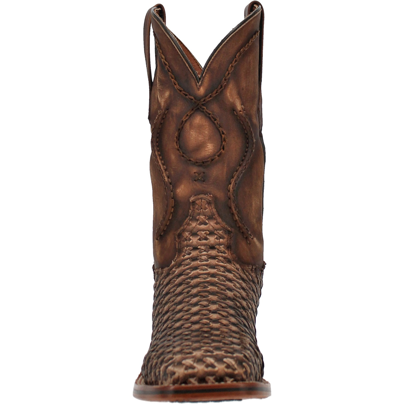 Craftmanship is front and center on the Cowboy Certified Stanley boot. The tan distressed upper has hand corded leather lacing. The foot is an intricate eye-catching woven leather design. The Soft Strike removable insert gives comfort from the first step. Featuring our popular broad square toe, stockman heel and long-wearing Cowboy Certified outsole. Innovative western design from top to toe.  Style: DP4903