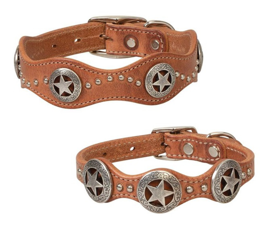 Constructed of premium quality Harness leather, this stitched collar will turn heads with its carefully crafted and attractive Scalloped design of  Star Conchos and spots.  This heavy leather is approx. 1/4" thick. The 1" and 3/4" width is based off the buckle size.