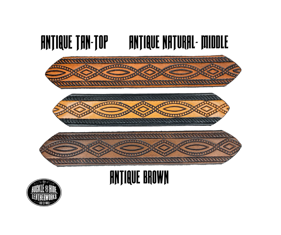 This solid strip of Veg Tan cowhide, is hand stained in classic 2 tone antique brown, with smooth, finished edges. Embossed with a classic FIGURE 8 pattern you'll see "The Stranger" wearing in well known "spaghetti" westerns down length of belt, or have name added to scene up to 8 letters. Belt thickness is approx. 1/8", and 1 1/2" wide. Sizes available are 34" to 44" from buckle end to hole most worn. Attached with 2 snaps is a Brushed Nickel plated solid brass buckle.