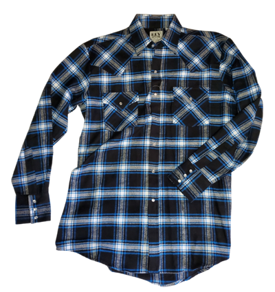 It doesn't get much anymore classic than a flannel shirt. This 100% cotton long sleeve flannel is complete with two front flap pockets, pearl snap details and yarn dyed flannel in the vintage plaid pattern. Great for hiking, working outdoors , riding horses or motorcycles. These never go out of style, always a in style! Available in our Smyrna, TN shop just outside Nashville. Imported