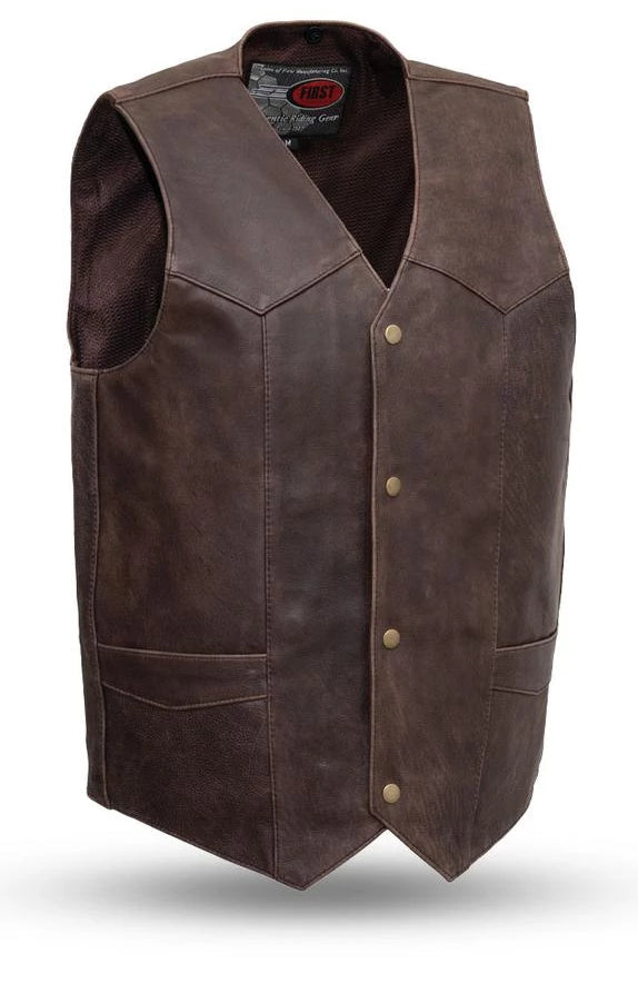 Feel like a true Texan with this Brown Western style vest features a v-neck and four snaps, along with two horizontal pockets and two concealed carry pockets with bullet snaps and a single back panel, making it both practical and stylish. The vest is lined with mesh. Crafted from soft cowhide, it has a slight distressed look and is available at our Smyrna, TN shop near Nashvegas.