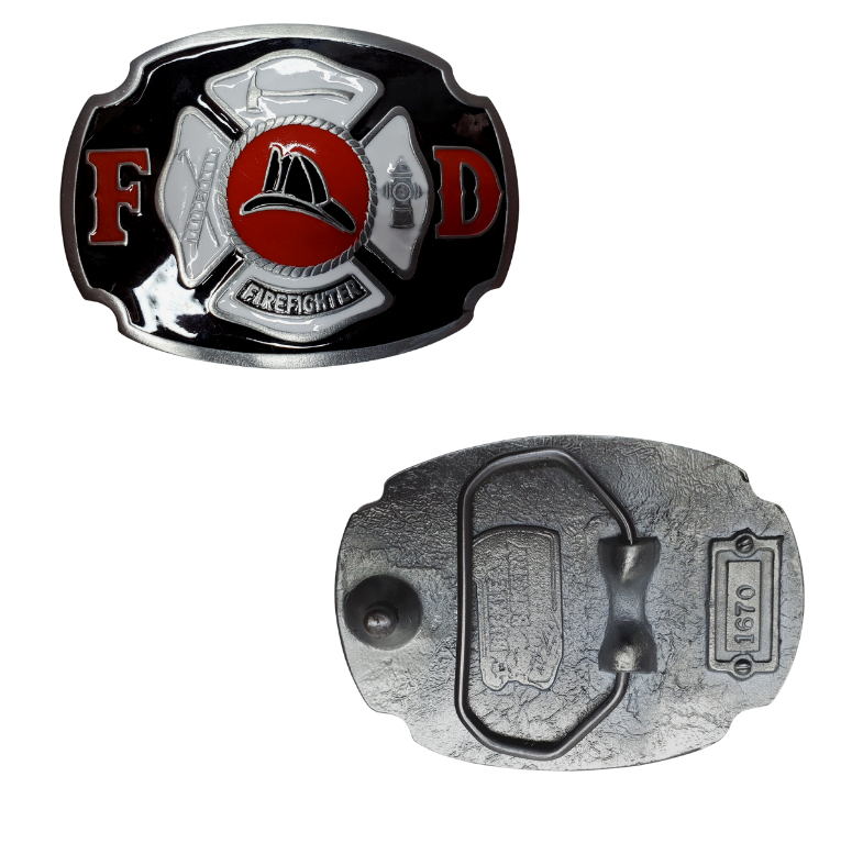 The Fire Department buckle part of our First Responders and Trades series we've added. Bless our men and women who put their life on the line for us everyday! The classic Fire department emblem on a slightly square shaped belt buckle. Pewter belt buckle that may be attached to your belt.  Fits 1 1/2" belts, Size 3-1/2" x 2-3/4. Available in our shop just outside Nashville in Smyrna, TN.