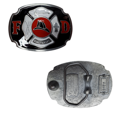 The Fire Department buckle part of our First Responders and Trades series we've added. Bless our men and women who put their life on the line for us everyday! The classic Fire department emblem on a slightly square shaped belt buckle. Pewter belt buckle that may be attached to your belt.  Fits 1 1/2" belts, Size 3-1/2" x 2-3/4. Available in our shop just outside Nashville in Smyrna, TN.