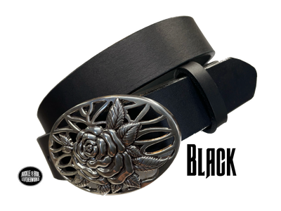 A Filigreed Rose design in Antique Nickel that looks great on plain 1 1/2" Black or Brown belt. Choose ONE belt strip color! A easy to wear oval shape that's not too big, measures approx. 3 7/8" wide by 2 1/2" tall. Belt is made from a single strip of leather in our shop in Smyrna, TN. Buckle is Imported. Available in our shop just outside Nashville in Smyrna, TN as well as online. Black belt.