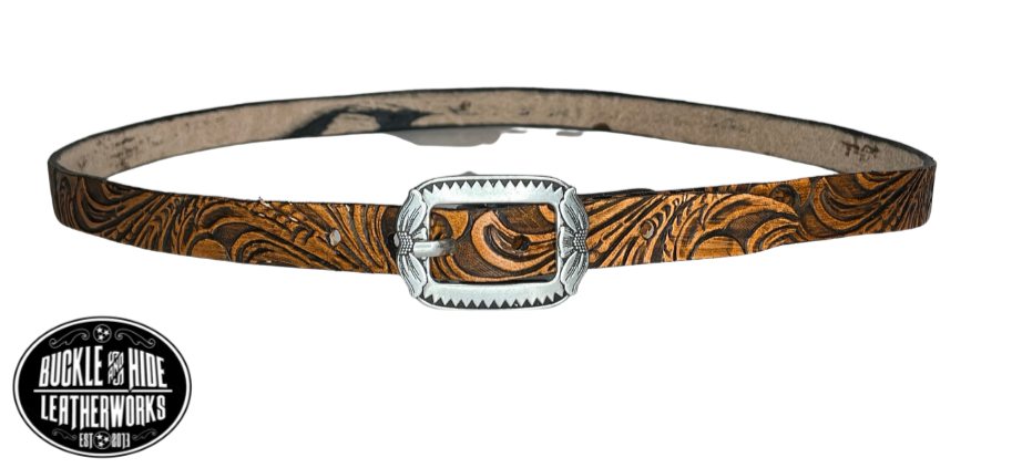 A classic Western tooled pattern with a Western styled Antique nickel center bar buckle completes our Embossed Hand stained leather hatband. Band is 1/2" wide will fit up to size 7 1/2 hat. Matches our Rustler Belt. Fit's most any hat with adjustable bead and leather 1/8" string. Will fit most WESTERN crowned hats. Made in our Smyrna Tn. shop.   