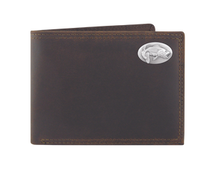 Distressed Brown bi-fold wallet with a Antique nickel oval concho with your choice of a Buck, Bass, or a Mallard duck Features... 2 large cash pockets, 3 card slots, 2 pockets under the card pockets, 2 slot I.D. holder that is "removeable" (see pic), also includes a clear card/picture sleeve  Ships in Tin gift box See our other wallets with your favorite College Sports teams.