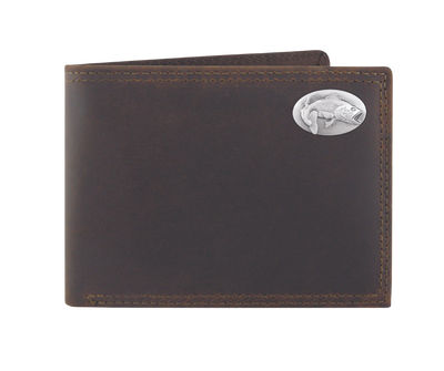 Distressed Brown bi-fold wallet with a Antique nickel oval concho with your choice of a Buck, Bass, or a Mallard duck Features... 2 large cash pockets, 3 card slots, 2 pockets under the card pockets, 2 slot I.D. holder that is "removeable" (see pic), also includes a clear card/picture sleeve  Ships in Tin gift box See our other wallets with your favorite College Sports teams.