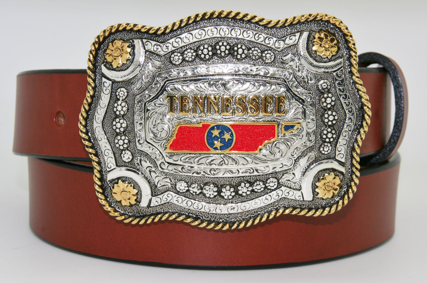 Two Tone Rope Edge Tennessee Belt Buckle Made in Mexico Dimensions 3 1/4" tall by 4 1/4" wide Fits Belts up to 1 3/4" wide Available online and in our shop in Smyrna, TN, just outside of Nashville