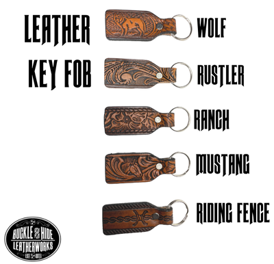 Small Leather keychain embossed just like our popular belts.  Great for identifying luggage, backpacks, or you keys! Available in the below choices, pick one or a few. Made in our Smyrna Tn. shop.