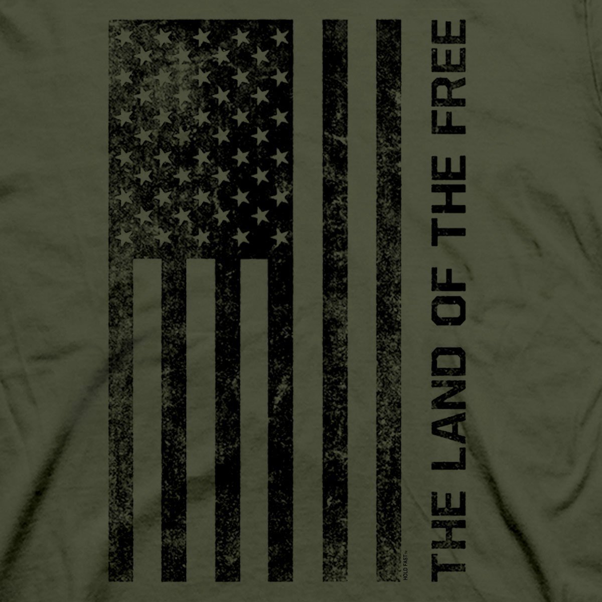 Wrap your love of country around you in this “Freedom Flag” T-shirt by Hold Fast™ in City Green. This image calls to mind John 15:13, where we are told that there is no greater love than for one to lay down his life for his friends. Of course, the beauty of this verse is that it reminds us of fallen friends and family, with the backdrop of Christ Himself! His ultimate, eternal sacrifice is the best flag we can rally around. front view