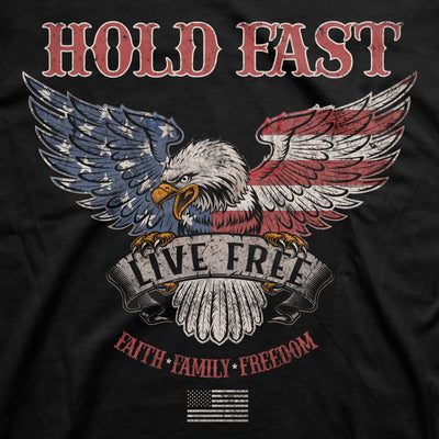 Color: Black 100% ringspun cotton, lightweight 4.3 oz. premium fabric Design on front; flag design on left sleeve Trimmer fit through shoulder and sleeve; fashion collar Shoulder-to-shoulder taping Double-needle stitching at sleeve and bottom hem High quality printed Christian t-shirt