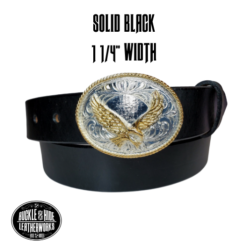Our Kids/Youth Belt Combo is a great choice who's wants to be like dad or mom! Full grain Distressed Brown Water Buffalo or Black cowhide leather that is approx. 1/8"thick. The width is 1 1/4" and this Combo includes a Western styled Nickle plated oval shaped buckle with a Flying Eagle completed with a rope edge.  Included 2" x 2 1/2" sized Buckle snaps in place for easy changing if desired. Choose a Black or Distressed Brown Leather belt for the Combo. Made in our Smyrna, TN, USA shop.