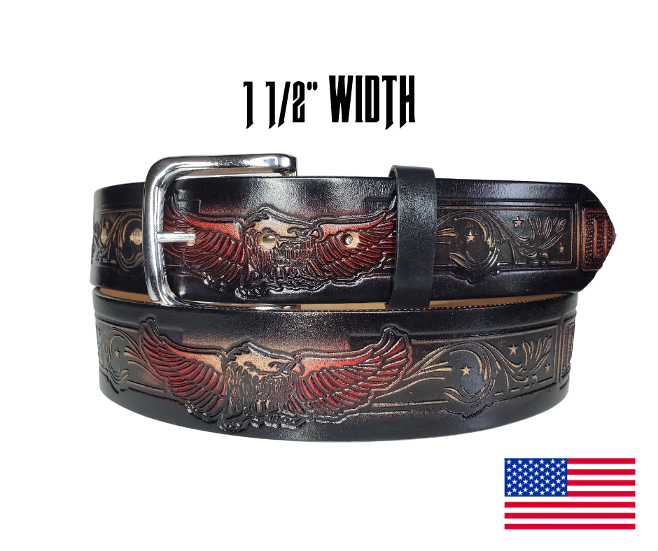 This USA made veg-tan leather belt is approx. 1/8" thick, 1 1/2"width with no fillers to split or rip apart. The belt features Eagles with block style LIVE TO RIDE pattern around the entire belt in black and red. The leather is comfortable from day one   Buckle is snapped on for easy buckle change. Colors may vary do to the manufacturing process. We don't make this belt but it's Buckle and Hide approved and still made in the USA. There is not a NAME option on this belt.