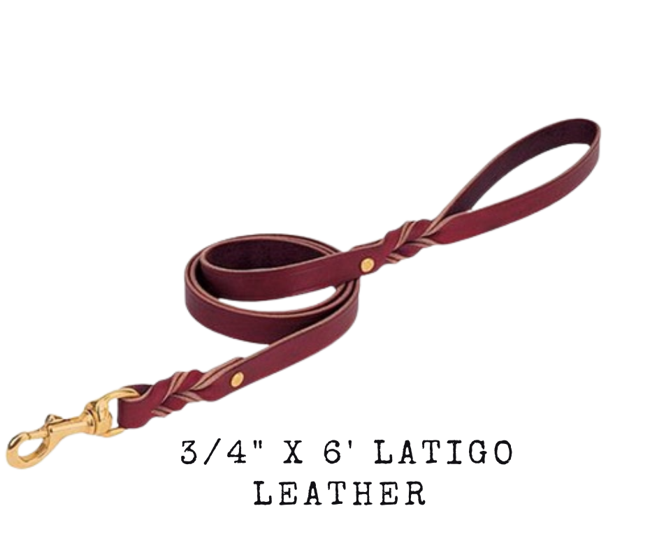 Constructed of single-ply burgundy latigo leather with a Twist! This leash features the styling trainers prefer with its twisted accents at the snap and handle ends. Includes solid brass swivel snap and brass plated rivets. Measures 3/4" x 6'. Available at our Smyrna, TN shop just outside Nashville.    