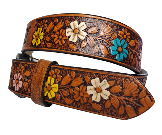 Our "Lil Beulah' is just like the Beulah Land for mom with HAND PAINTED FLOWERS. Full grain American vegetable tanned cowhide approx. 1/8"thick. Width is 1 1/4" and includes Antique Nickle plated Solid Brass buckle. We Hand Finish with a tan center. Edges are smooth burnished painted edges. Made in our Smyrna, TN, USA shop. Buckle snaps in place for easy changing if desired.